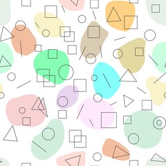 Seamless pattern of simple geometric shapes and watercolor spots on a white background for textiles.