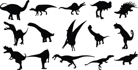 Dinosaurs and Jurassic Dino monsters Vector silhouette of triceratops or T-rex, brontosaurus or pterodactyl and stegosaurus, pteranodon or ceratosaurus and parasaurolophus reptile Set 01