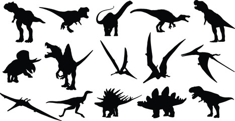 Dinosaurs and Jurassic Dino monsters Vector silhouette of triceratops or T-rex, brontosaurus or pterodactyl and stegosaurus, pteranodon or ceratosaurus and parasaurolophus reptile Set 02 © Dhanushka