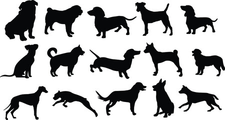 Dog silhouette Set 05 walking and standing . Shepherd, beagle, great dane, dachshund, poodle, pit bull. . Vector black flat icon isolated on white background.