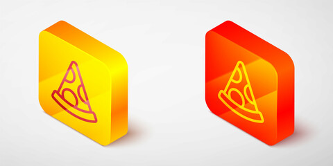 Isometric line Slice of pizza icon isolated on grey background. Fast food menu. Yellow and orange square button. Vector