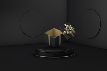 Black podium or pedestal display with gift box and gold ribbon. 3d render