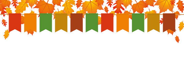 autumn party flags banner on white background with falling leaves