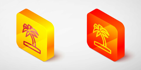 Isometric line Tropical palm tree icon isolated on grey background. Coconut palm tree. Yellow and orange square button. Vector