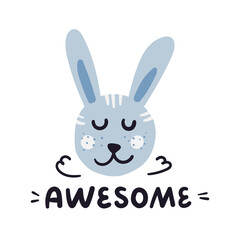 Cartoon light blue rabbit hand drawn character. Xmas time funny animal. Awesome lettering. Christmas sketch drawing. Winter holidays clipart. Greeting card, poster design