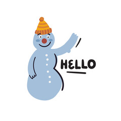Cute snowman hand drawn сharacter. Christmas drawing. Winter holidays card, poster design isolated on white