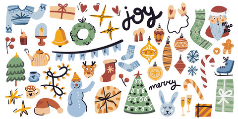 Winter season flat illustrations set. Isolated on white. Merry, joy, Christmas tree, xmas, bell, socks, rabbit, deer, santa, gifts, scarf. Winter cute doodle collection.