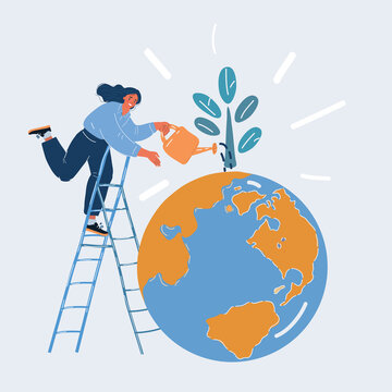 Vector illustration of Woman watering tree on earh globe. Eco green concept and care.