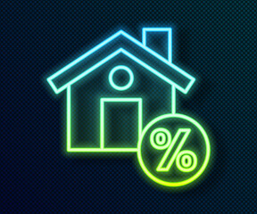 Glowing neon line House with percant discount tag icon isolated on black background. Real estate home. Credit percentage symbol. Vector