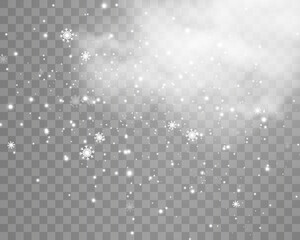 Vector illustration of flying snow on a transparent background.Natural phenomenon of snowfall or blizzard.