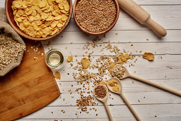 wooden tableware breakfast Ingredients view from above