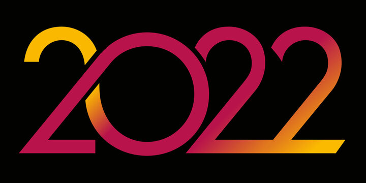 Greeting card with dynamic graphics to present the year 2022 with a succession of red and yellow curves on a black background.