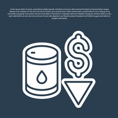 Blue line Drop in crude oil price icon isolated on blue background. Oil industry crisis concept. Vector