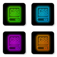 Glowing neon line Books about programming icon isolated on white background. Programming language concept. PHP, CSS, XML, HTML, Javascript learning. Black square button. Vector