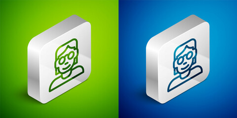 Isometric line Hacker or coder icon isolated on green and blue background. Programmer developer working on code, coding, testing, debugging, analysing. Silver square button. Vector