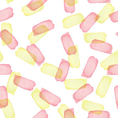 Hand Painted Brush Stroke Seamless Watercolor Pattern. Abstract watercolour shapes in Pink Girly and Light Yellow Color. Artistic Design