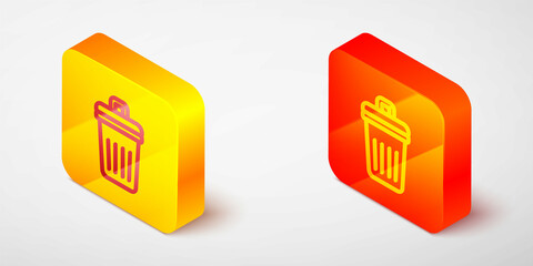 Isometric line Trash can icon isolated on grey background. Garbage bin sign. Recycle basket icon. Office trash icon. Yellow and orange square button. Vector