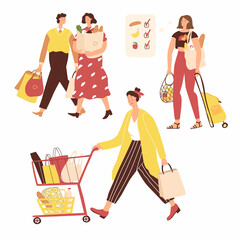 Three situations with people in supermarket.