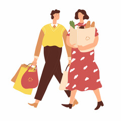 Couple man and woman goes from supermarket.