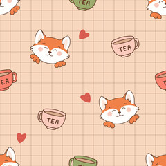 Cute fox with hearts and tea cup seamless pattern. Сute fox with a cozy mug of tea and romantic surroundings on an autumn checkered background for unisex clothes, fabric, textile, cover, decoration. 
