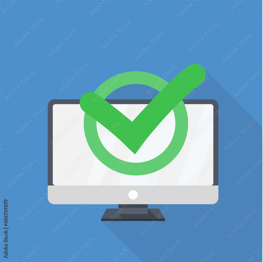 Aufkleber computer with confirmation sign on blue background with long shadow. computer security concept