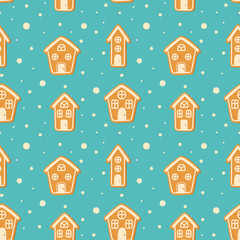 Fototapeta na wymiar Background with Christmas gingerbread house on blue background. Winter holiday food. Seamless christmas pattern. Perfect for wrapping paper, greeting cards, textile.