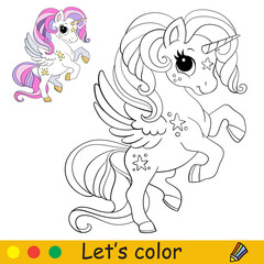 Cute little unicorn with a wings coloring book page © alinart