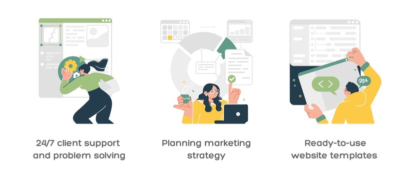 Customer loyalty and technical support web icons set. Clients hotline. Website information. Client support, marketing strategy, website templates metaphors