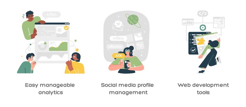Business Analytics, Digital Marketing And Social Media Management Icons Set. Web Development Tools, Manageable Analytics, Social Media Management Metaphors
