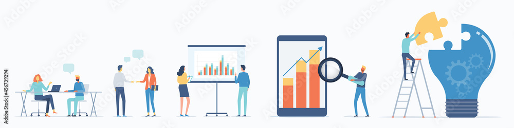 Poster flat vector business people team working meeting and set cartoon character design for web design and mobile application concept	