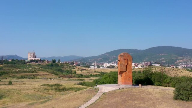 Symbol of Artsakh, famous monument grandfather and grandmother in Stepanakert city,   Nagorno-Karabakh, Caucasus.   Famous Touristic place.  Memorial statues. Tatik-papik is a famous landmark. 