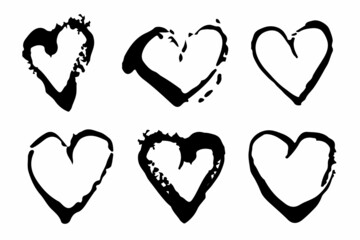 Vector Set of Brush Heart Love Black color on white background. Hand painted grange elements. Ink drawing. Dirty artistic design . Place for text, quote, information, company name.