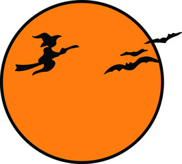 orange moon with witch and bat silhouette | Halloween design