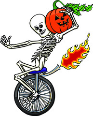 funny skeleton riding a unicycle carrying a pumpkin