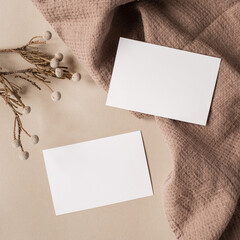 Blank clipping path paper sheet card with mockup copy space and dry floral branch and blanket cloth...