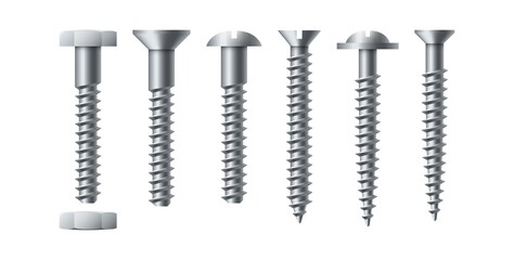 Bolt and screw. Realistic self-tapping. Metal nails with nut. Workshop assortment. Round or hexagon fastener caps. Isolated industrial construction hardware. Vector repair tools set