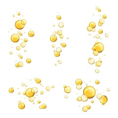 Bubbles oil. Shiny realistic drops, cosmetic gold pill capsule collagen serum. Oily vitamin essence droplets. Flying yellow liquid. Gasoline or cosmetic lotion, fizzy water vector isolated set