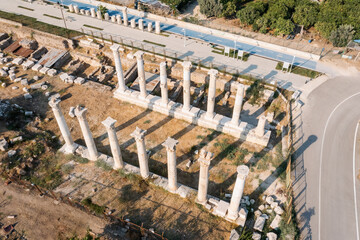 Aerial view of temple pillars and ancient ruins. Soli Pompeipolis ancient city in Mersin, Turkey.