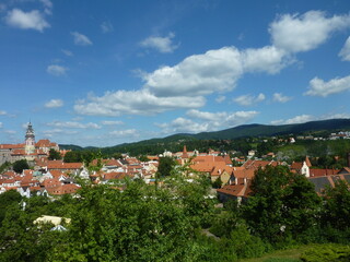 Town view with red roofs during summer in Český Krumlov (Cesky Krumlov), a town in the South Bohemian Region, Czech Republic, a UNESCO World Heritage Site, Gothic, Renaissance, Baroq