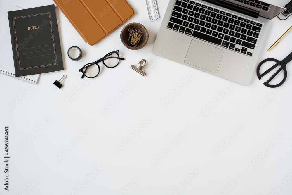 Wall mural work at home concept. flatlay of aesthetic minimalist workspace with blank copy space. flat lay, top