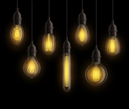 Light bulbs realistic. Vintage edison bright yellow glowing lamps hanging. Retro light bulb different forms isolated on black background. Interior elements. Creative idea symbols vector set