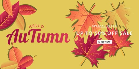 Yellow autumn sale background template design decorated with colorful leaves. Suitable for banner, poster, flyer, etc.
