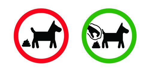 Stop, clean up after your dog, poop or shit. Cartoon no pet, dog area icon. Flat vector no dogs pictogram. Puppy print logo. Black silhouette of a dog. Pet zone sign. No Animals Allowed - obrazy, fototapety, plakaty