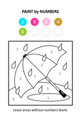 Paint by numbers, or color by code, else color by number, activity page for kids. Umbrella, rain, puddle.
