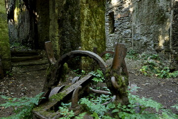 Old rusty mine cart in the ancient abandoned mines of Calferro. Archaeological Mines Park of Mulina di Stazzema, Tuscany, Italy.