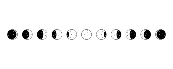 Set of Moon phases. Crescent, new, full, surface and eclipse. Astronomy cycle of satellite on the white background. Aesthetic Vector Illustration 
