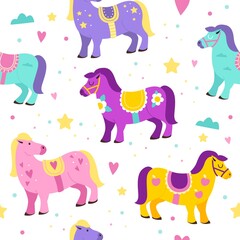 Seamless pattern carousel horses. Colorful cute kids animals, funny fairy tales ponies with decorated saddles. Decor textile, wrapping paper wallpaper, vector print or fabric