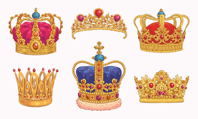 Set of hand drawn golden crowns. Vector illustration