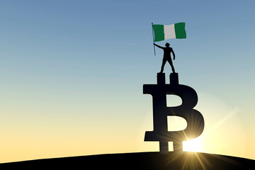 Person waving a nigeria flag standing on top of a bitcoin cryptocurrency symbol. 3D Rendering