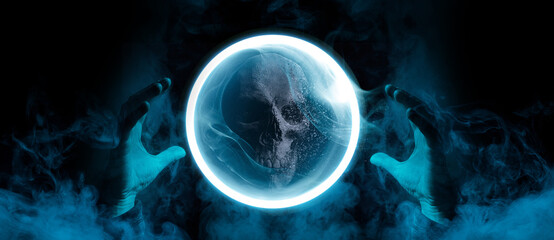Crystal sphere in hands. Magic ball predictions with skull. Mysterious composition. Fortune teller,...